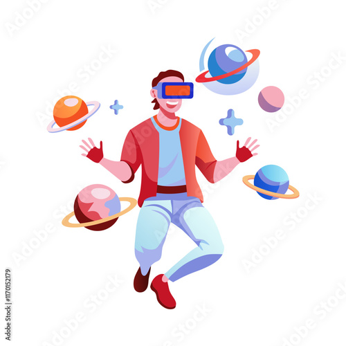 A flat illustration of a character wearing virtual reality glasses 
