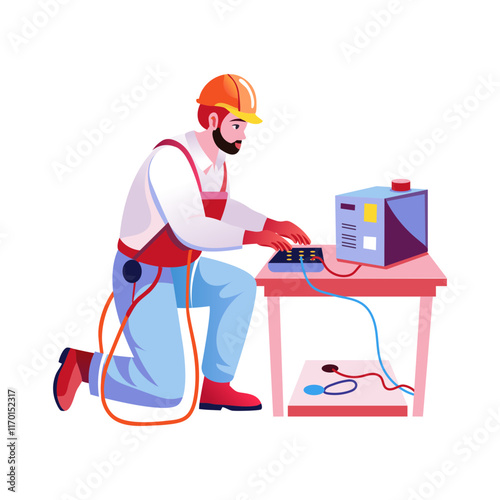 A flat illustration of a man fixing a device 
