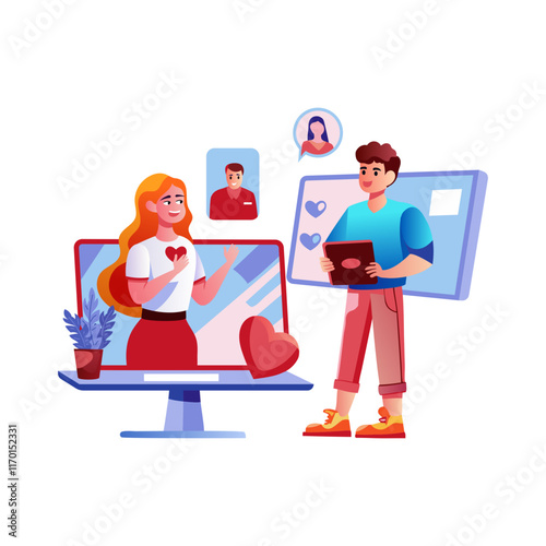 A flat illustration of two characters doing virtual dating 
