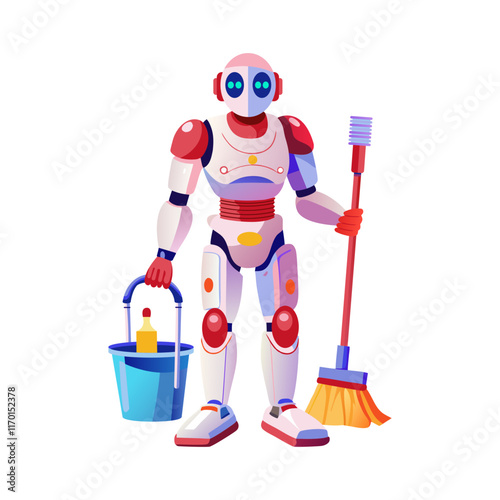 A flat illustration of robot maid holding broom and bucket 

