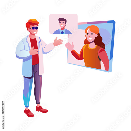 A flat illustration of vr communication between two characters 
