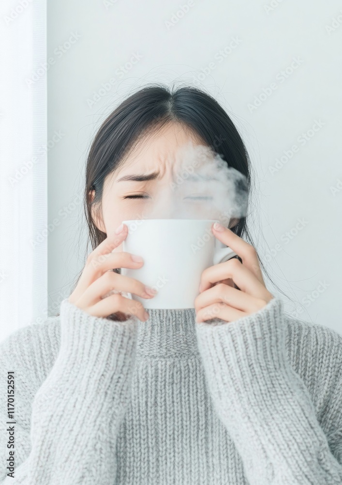 Worried Woman with Tea and Thermometer by Frosty Window Winter Health Concerns Worried Woman with Tea and Thermometer by Frosty Window Winter Health Concerns