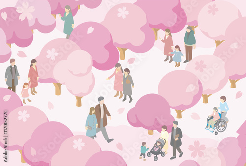 フレーム　アイソメトリック　人物　ファミリー　キッズ　春　お花見　さくら　桜　背景　イラスト素材