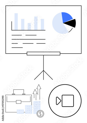 Graphs and pie chart on a presentation board with briefcase, upward arrows, stacks of coins, and play button. Ideal for business meetings, finance, marketing, strategy planning, educational content