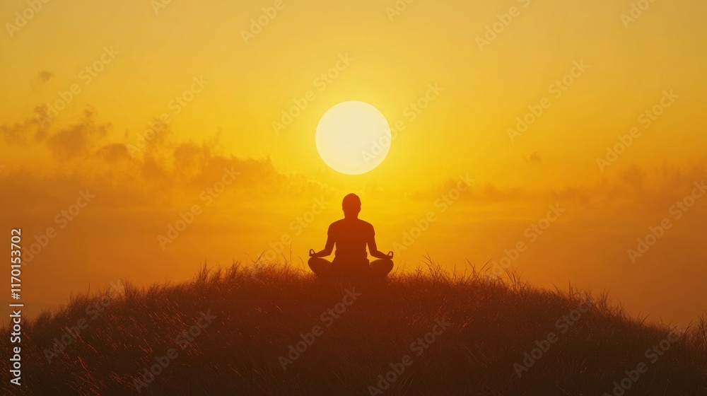Fototapeta premium Meditative Silhouette at Sunset on Hill - Peaceful Metaphysical Aesthetic
