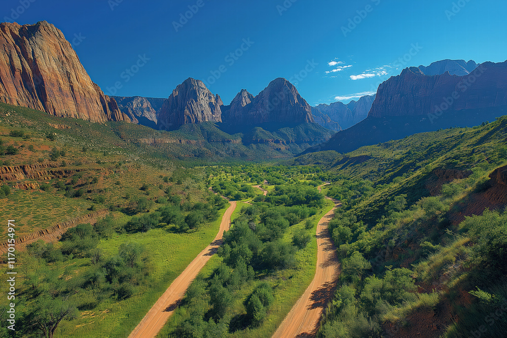 Fototapeta premium Scenic view of a winding dirt road through lush greenery and rugged mountains under a clear blue sky