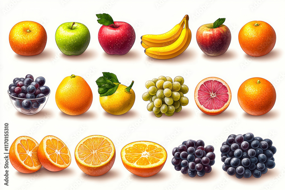 Assorted fresh fruits including apples, bananas, oranges, grapes, and grapefruit on a white background.