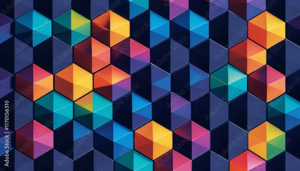 Abstract Geometric Hexagon Background: Vibrant Colorful 3D Mosaic Pattern Abstract Geometric Hexagon Background: Vibrant Colorful 3D Mosaic Pattern