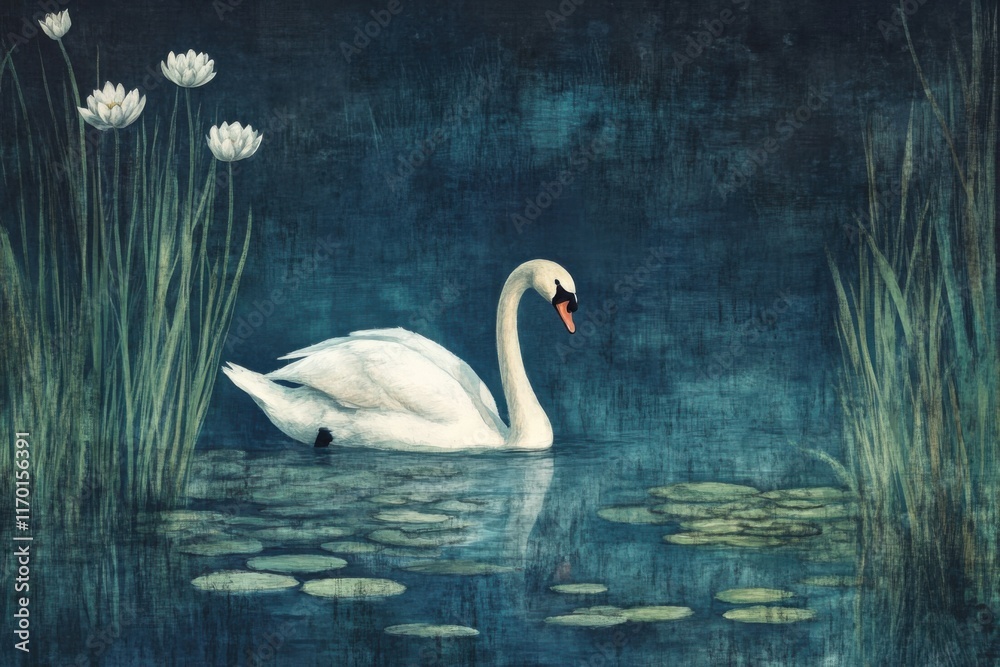 Obraz premium A swan in its natural habitat, surrounded by lily pads and tall grasses along the lake edge