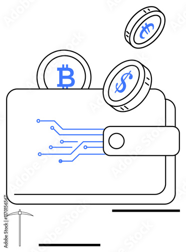 Open wallet with digital circuits holding Bitcoin, Dollar, smart contract coins and mining pickaxe. Ideal for digital finance, cryptocurrency trading, blockchain, fintech, investments, electronic