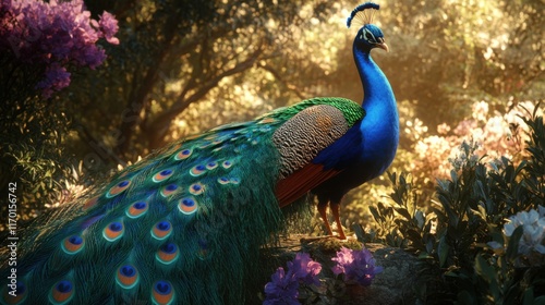 A symbolic representation of a peacock in a serene setting, evoking themes of beauty and pride photo