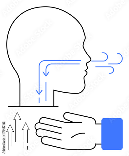 Silhouette of a human head with arrows indicating the respiratory pathway and exhalation. Hand gesture symbolizing airflow. Ideal for breathing exercises, respiratory health, medical education, air