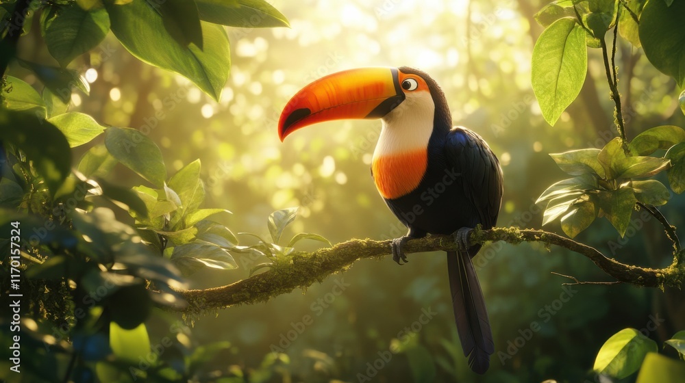 Obraz premium A Toco Toucan perched on a branch in the vibrant rainforest canopy, sunlight streaming through the lush greenery