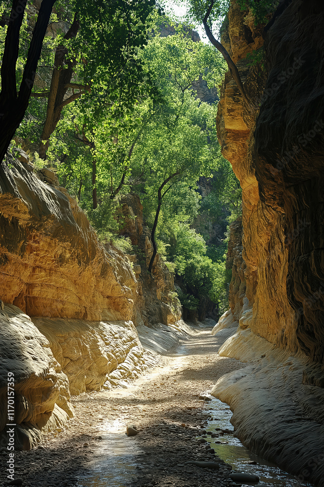 Obraz premium Serene narrow canyon surrounded by lush greenery in the afternoon sunlight