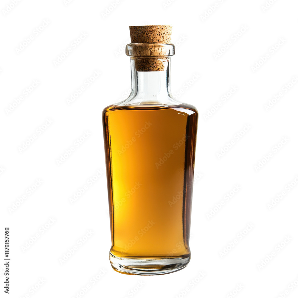Glass Bottle with Cork and Golden Liquid for Culinary Uses Glass Bottle with Cork and Golden Liquid for Culinary Uses