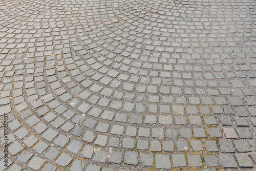 Patterned cobblestone street pavement with curved design
