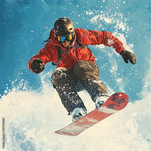 Snowboarder in action, captured mid-air on a snowy slope against a blue sky. photo