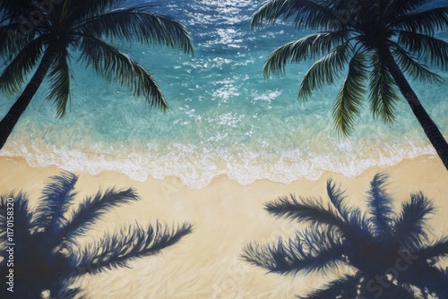 A tropical beach with crystal-clear water, detailed view of palm trees casting shadows on the sand from above