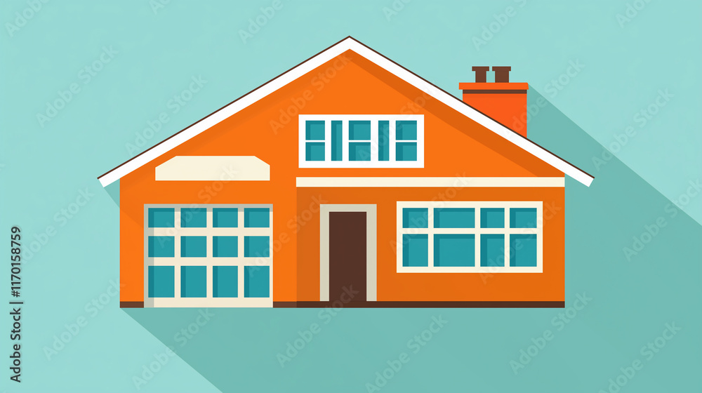 Flat Icon of an Orange House with a Long Shadow on a Sky Blue Background Flat Icon of an Orange House with a Long Shadow on a Sky Blue Background