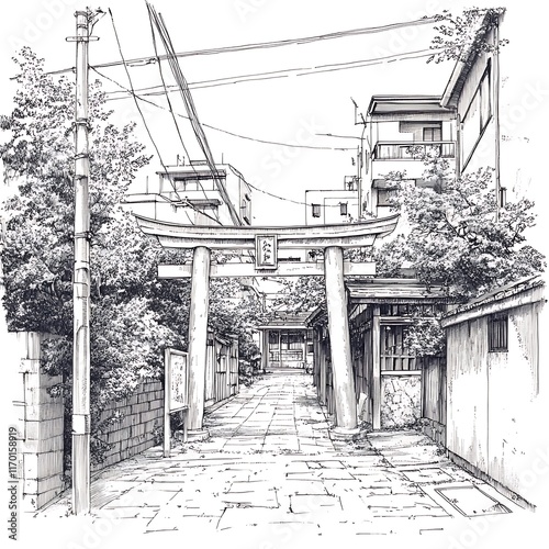 Ink Sketch of a Traditional Japanese Torii Gate Leading to a Shrine, Nestled Amongst Urban Buildings.
