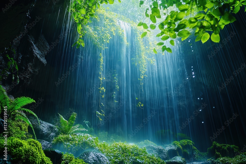 Obraz premium Majestic waterfall cascading into lush green forest with vibrant foliage and serene atmosphere