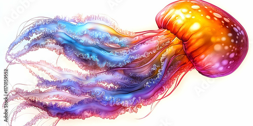 Vibrant Rainbow Jellyfish Digital Illustration, Colorful Underwater Marine Life Artwork photo