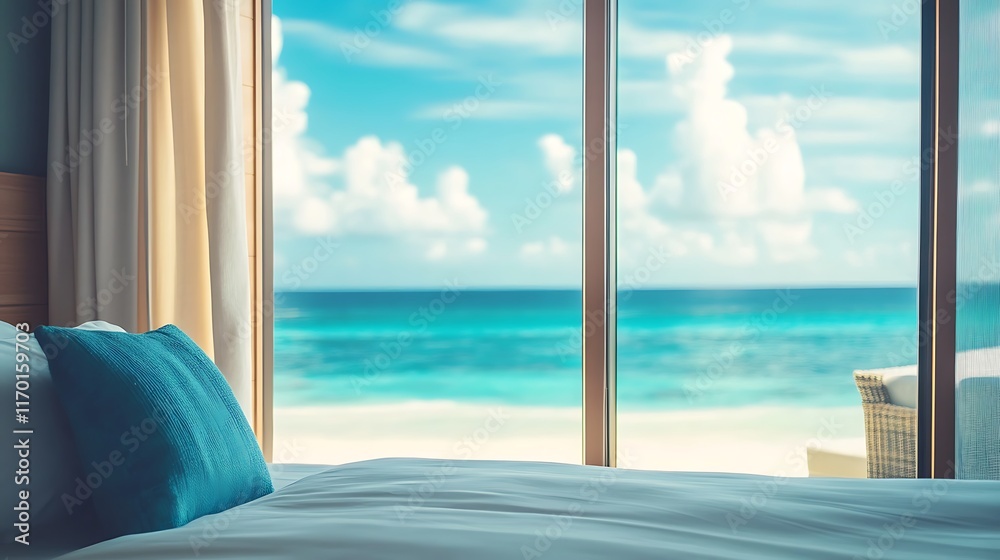 Fototapeta premium Bed with ocean view, curtains.