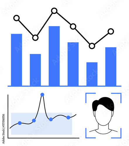 Bar chart line graph data points and abstract face icon symbolize analytics statistics, tracking, performance, and identity. Ideal for presentations, reports, business analysis, and more. Line