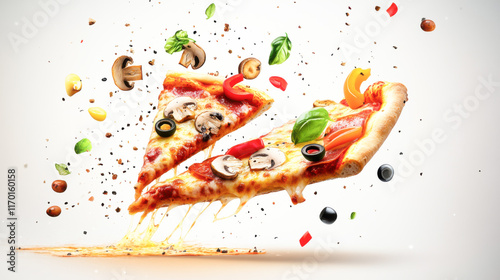 Dynamic composition of two pizza slices with melted cheese stretching, surrounded by floating toppings like mushrooms, olives, bell peppers, and basil leaves. photo