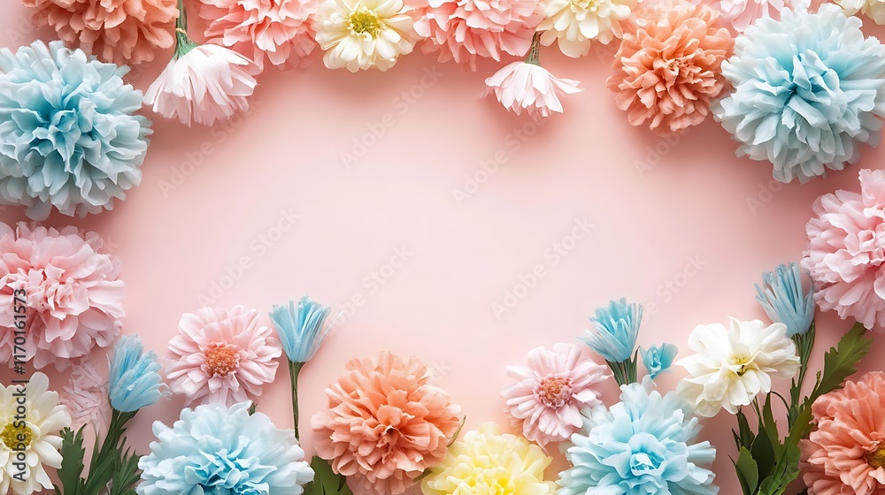 Pastel Flowers Forming A Frame On Pink Background Pastel Flowers Forming A Frame On Pink Background