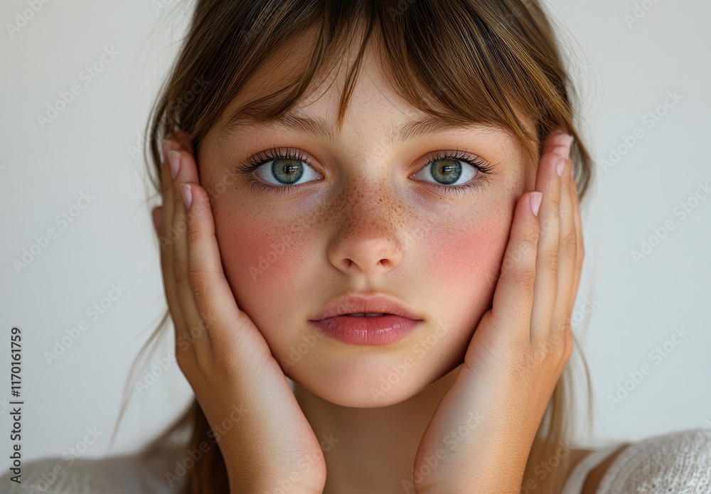 Beautiful woman with flawless skin touching her face on a white background, close-up portrait of a beautiful young girl with a red manicure and makeup Beautiful woman with flawless skin touching her face on a white background, close-up portrait of a beautiful young girl with a red manicure and makeup