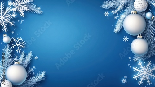 Corporate holiday card design featuring dark blue background with silver ornaments and snowflakes