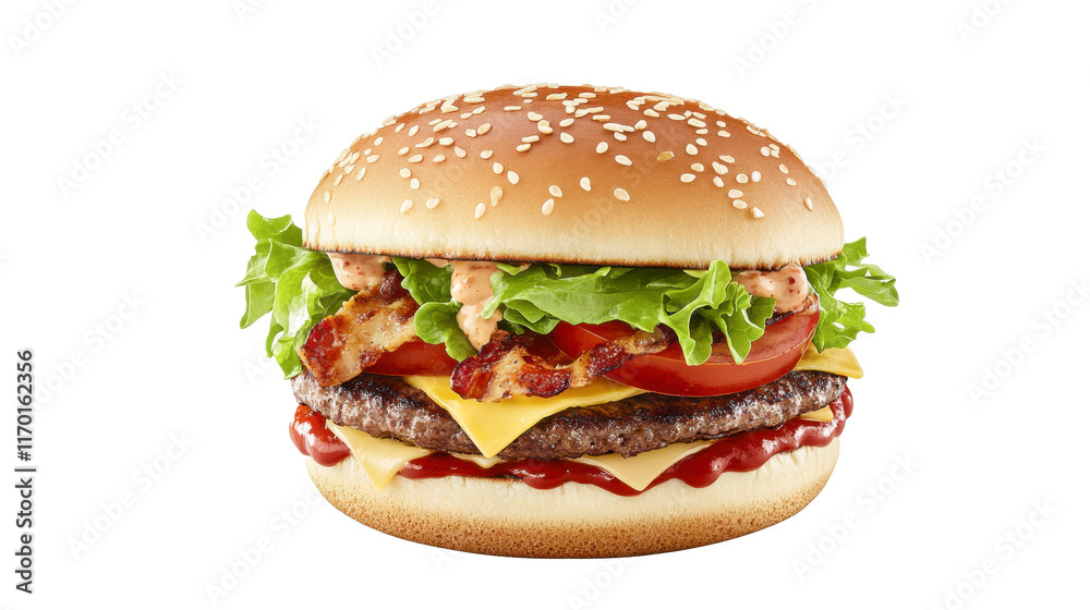 a classic bacon cheeseburger featuring a juicy beef patty, crispy bacon, melted cheese, fresh lettuce, tomato slices, ketchup on a sesame seed bun a classic bacon cheeseburger featuring a juicy beef patty, crispy bacon, melted cheese, fresh lettuce, tomato slices, ketchup on a sesame seed bun