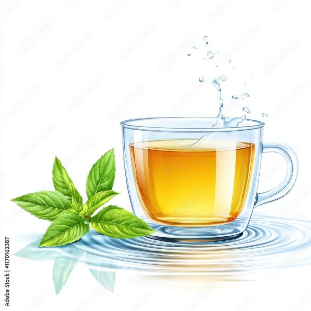 Herbal tea splash with mint leaves and water wave kitchen food photography fresh environment close-up refreshing concept