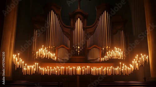 A vintage church organ softly illuminated by flickering candles, creating a tranquil and sacred atmosphere ideal for reflection and spiritual inspiration.