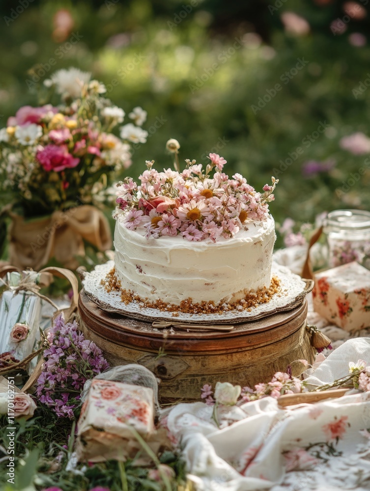 A beautifully decorated white cake with pink flowers as a centerpiece for a wedding. The cake is set on a table outside, surrounded by pink ribbons and flower arrangements.