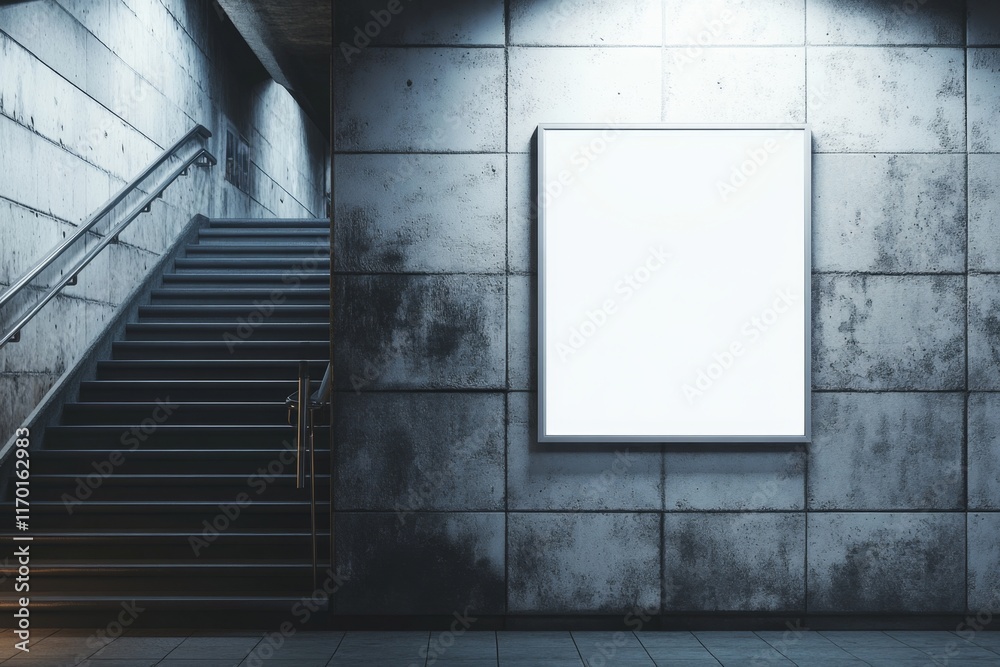 Blank billboard on subway wall near stairs. (8) Blank billboard on subway wall near stairs. (8)