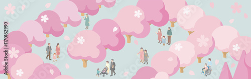 バナー　フレーム　アイソメトリック　人物　家族　子供　春　お花見　さくら　桜　背景　イラスト素材