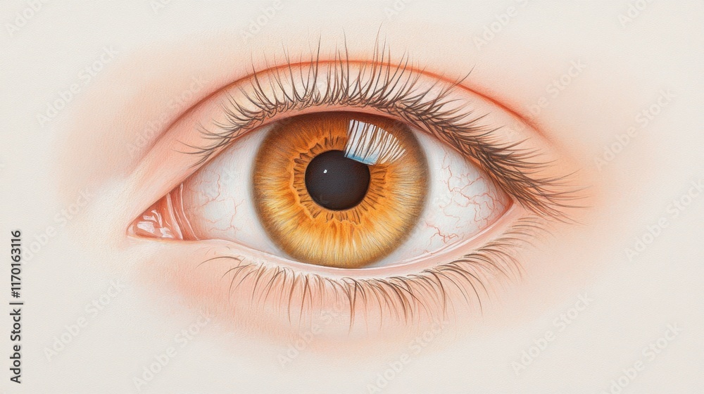 An eye with light brown hues and a golden ring around the iris on a pale pink background An eye with light brown hues and a golden ring around the iris on a pale pink background