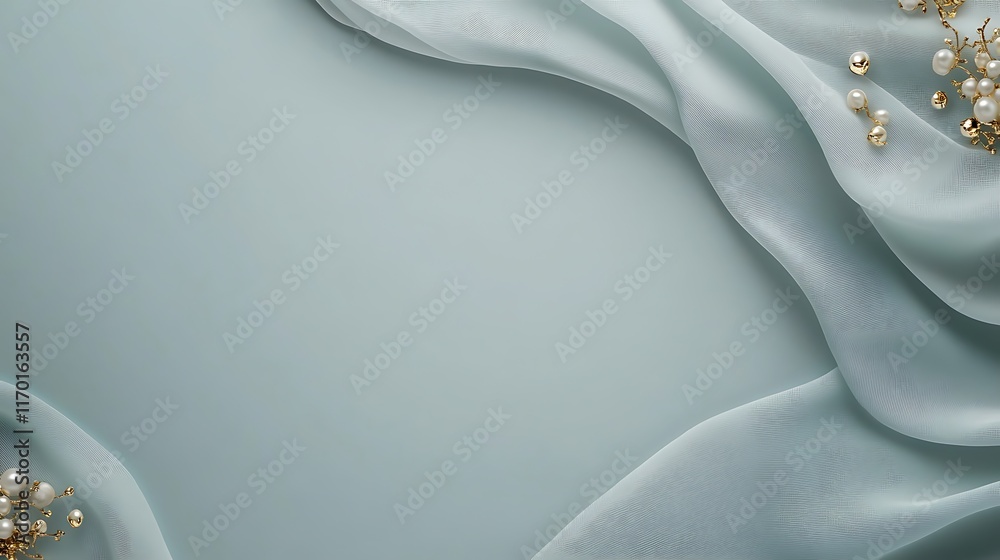 Elegant Blue Fabric Draped with Pearl and Gold Accents Elegant Blue Fabric Draped with Pearl and Gold Accents