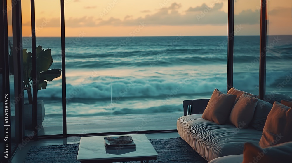 Fototapeta premium Coastal view from luxurious living room at sunset.