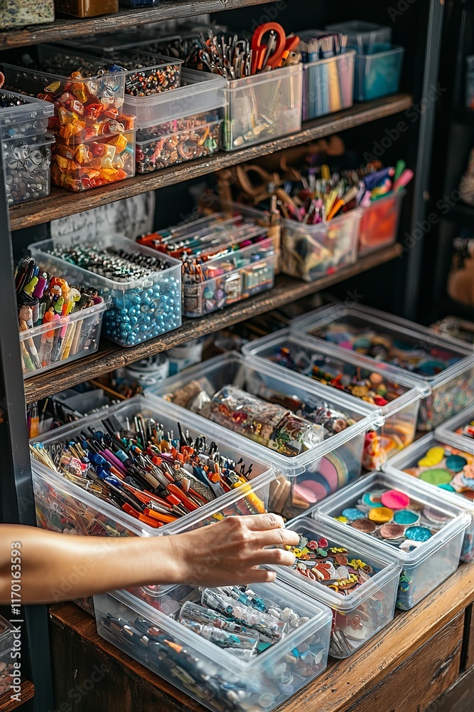 Naklejka premium A person is organizing craft supplies in a dedicated space