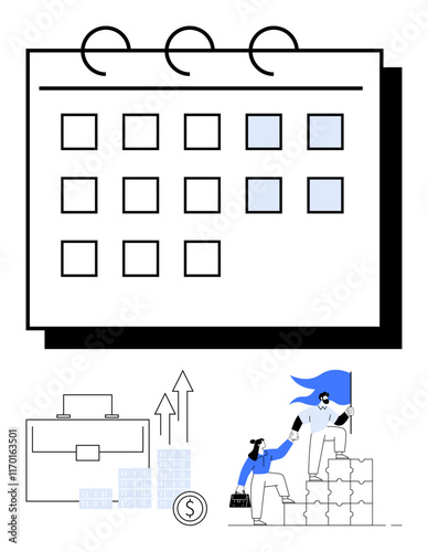 Business team assisting each other to achieve goals represented by calendar, financial growth symbols, and upward arrows. Ideal for teamwork, planning, financial strategy, goal setting, business