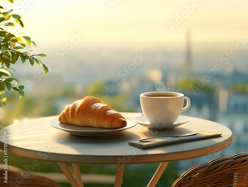 Enjoying coffee and croissant on a scenic balcony in paris at sunrise food photography relaxing atmosphere photo