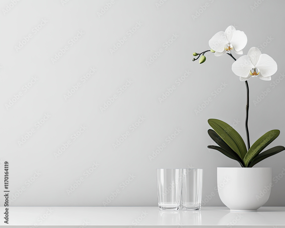 Elegant white orchid plant on minimalist table indoor space home decor modern aesthetic close-up view serenity and simplicity Elegant white orchid plant on minimalist table indoor space home decor modern aesthetic close-up view serenity and simplicity