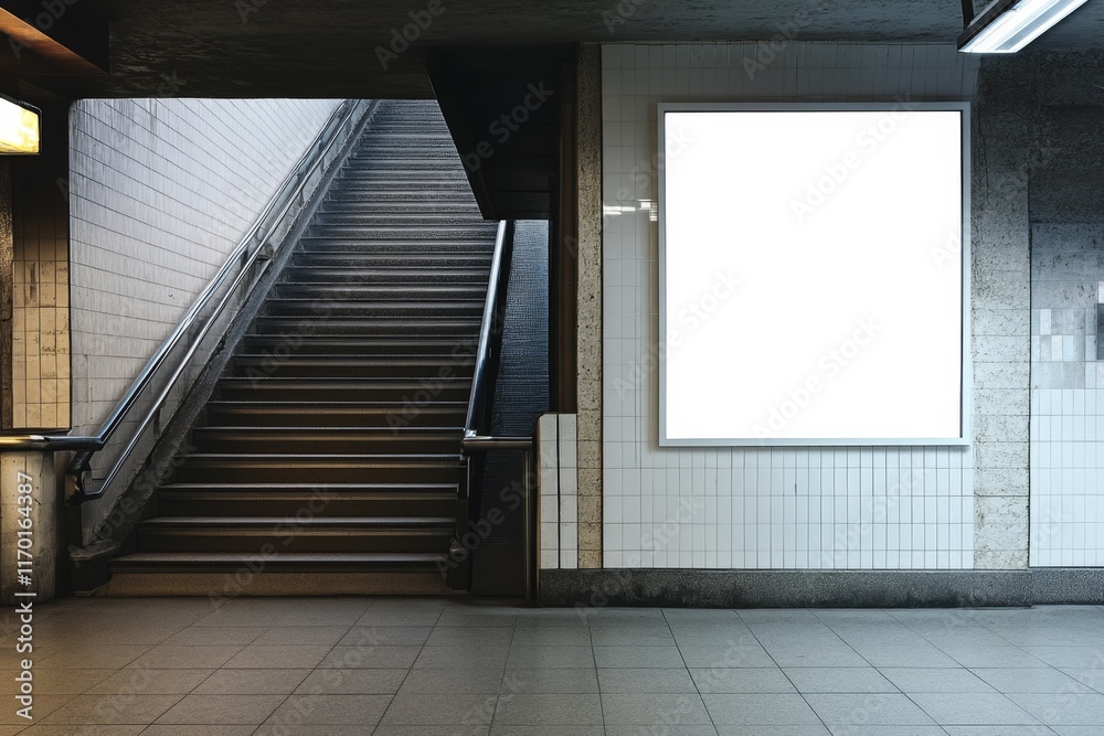 Fototapeta premium Blank billboard on subway station wall next to stairs. (2)