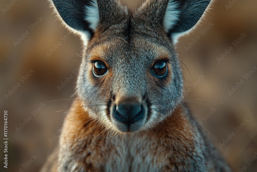 Fototapeta premium Close-up of a wild wallaby face, intricate details of its fur and alert expression, set against a blurred natural background