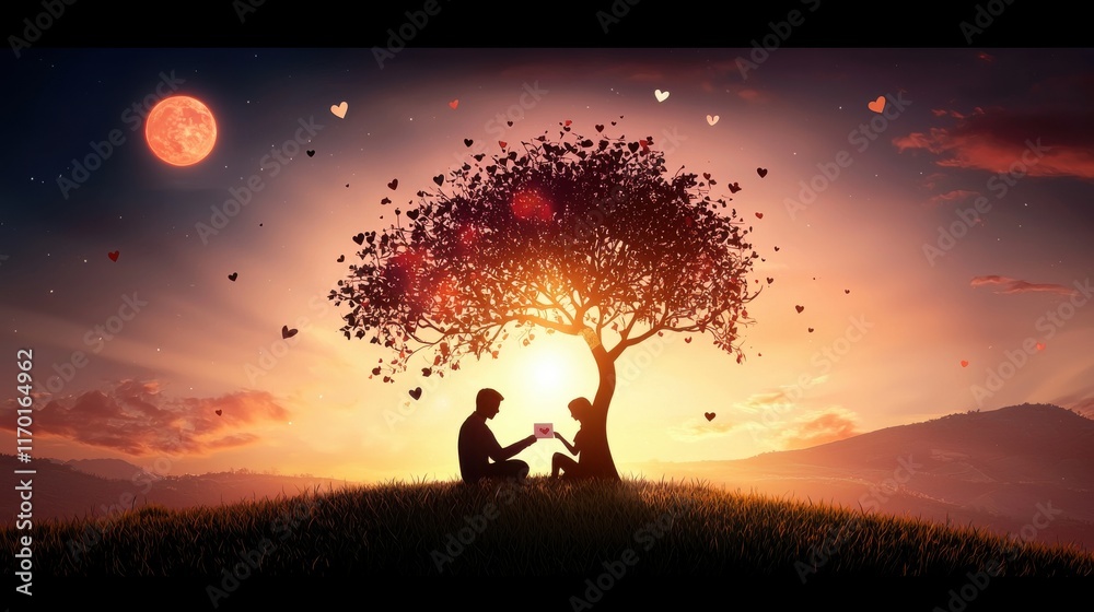 A romantic outdoor scene with a couple holding a Valentines card under a tree. A romantic outdoor scene with a couple holding a Valentines card under a tree.