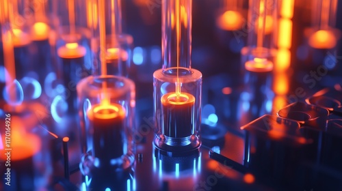 A glowing electrochemical process showing ion exchange at electrodes in a detailed setup.