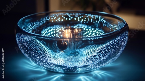 A glowing electrochemical cell generating bubbles, with intricate metallic electrodes submerged.